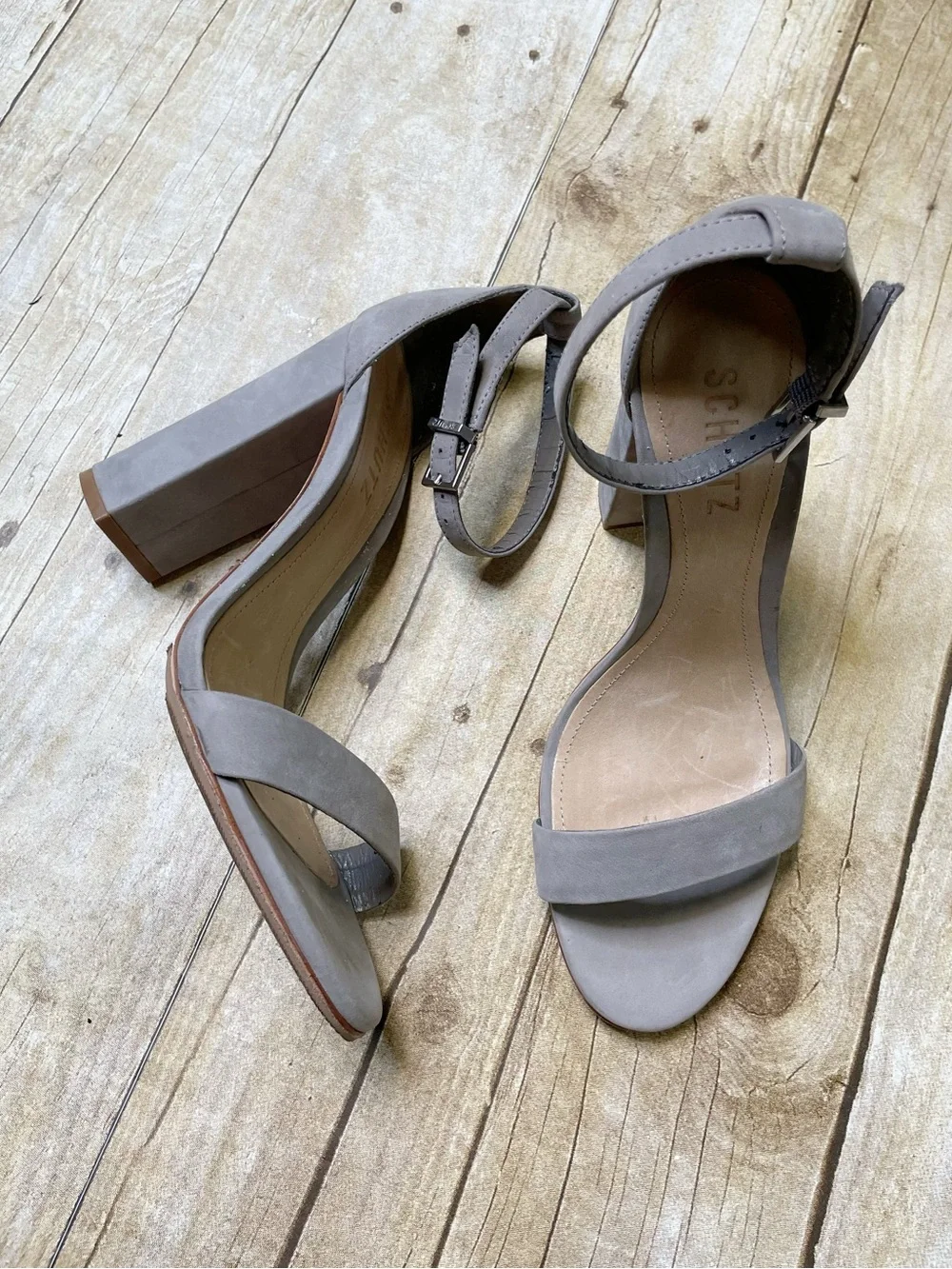 Schutz Gray Block Heel Strap Sandal - Picture 1 of 11
